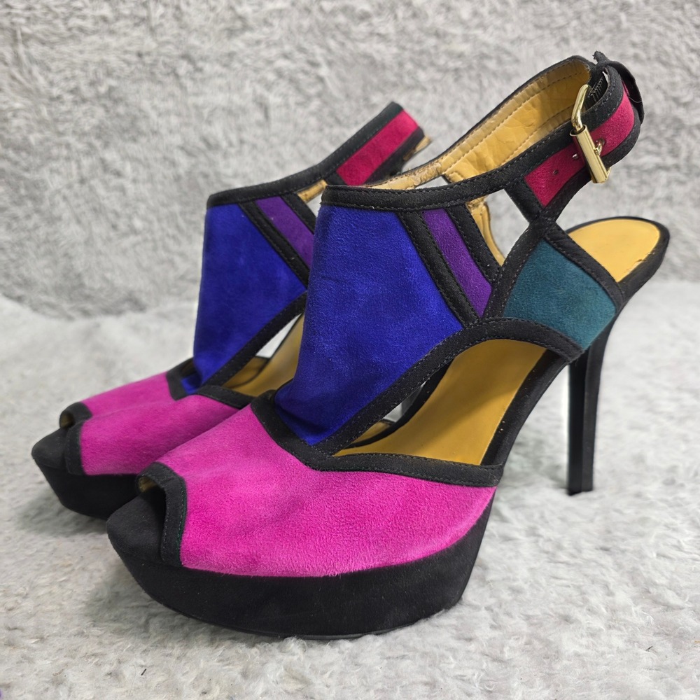 Nine‎ West Platform Heels Suede Colorblock Peep Toe 80s VIBE Womens 9M Flaw